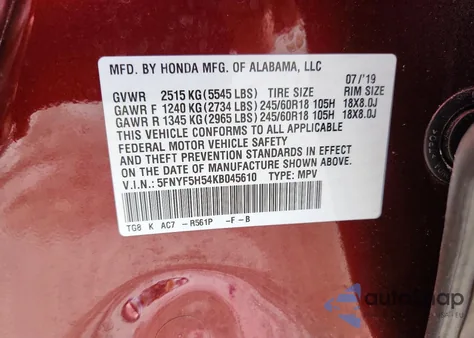 2019 Honda Pilot Exl z USA, uszkodzony, nr VIN 5FNYF5H54KB045610